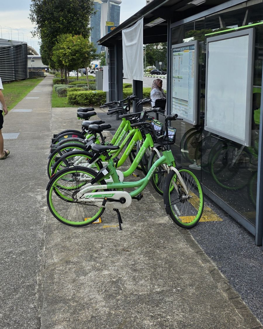 Green shared bikes parked next to a bus shelter in Singapore